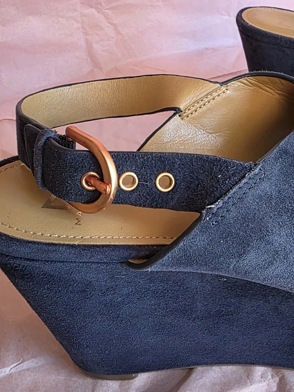Marc Fisher Navy Suede Platform Wedge Sandals with Copper Studs